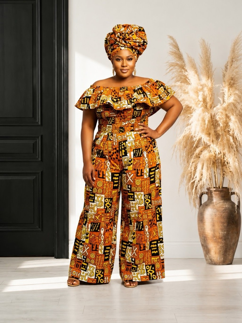 African Print Ruffled Neckline Jumpsuit / Romper with head wrap